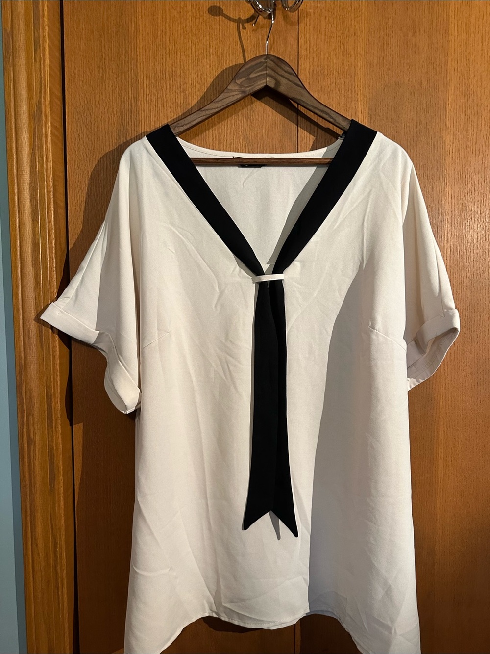 BloomChic Cream Blouse with Black Trim and Tie